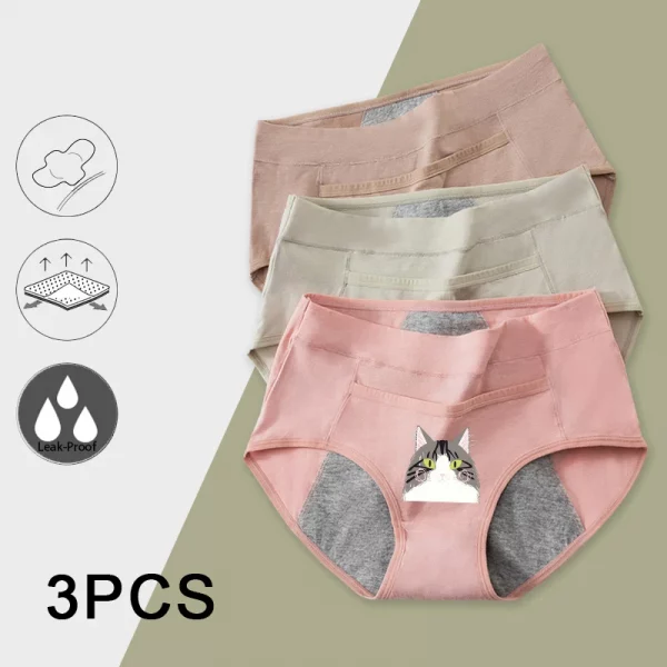 3PCS Cotton Menstrual Panties Leak Proof Breathable Cartoon cat Panties